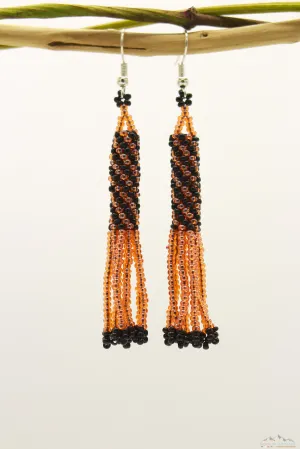 Coral Orange & Black Glass Beads Cylindrical Chandelier Earring