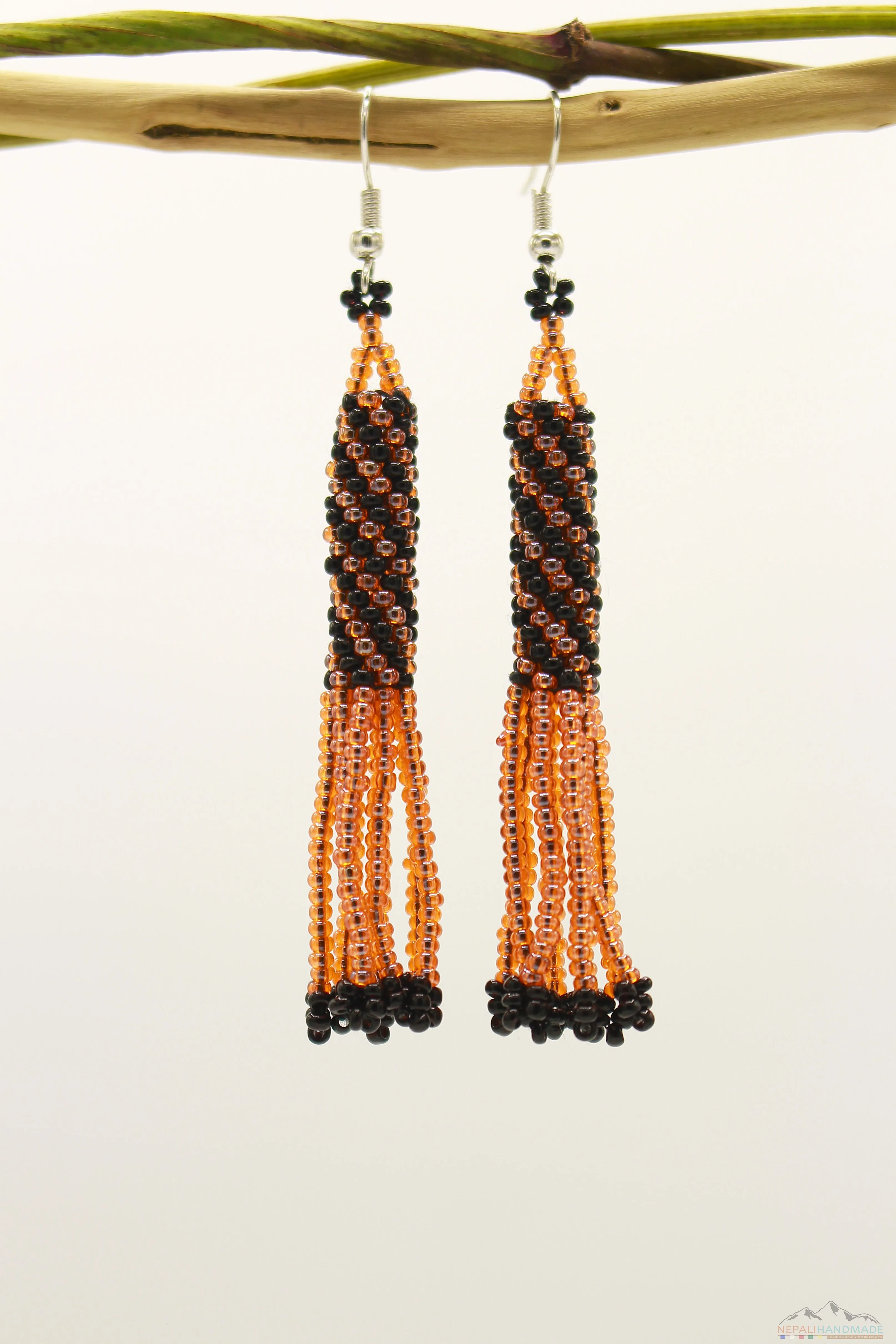 Coral Orange & Black Glass Beads Cylindrical Chandelier Earring