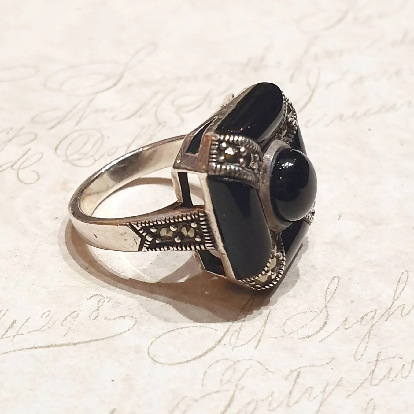 Crossed Black Onyx Ring