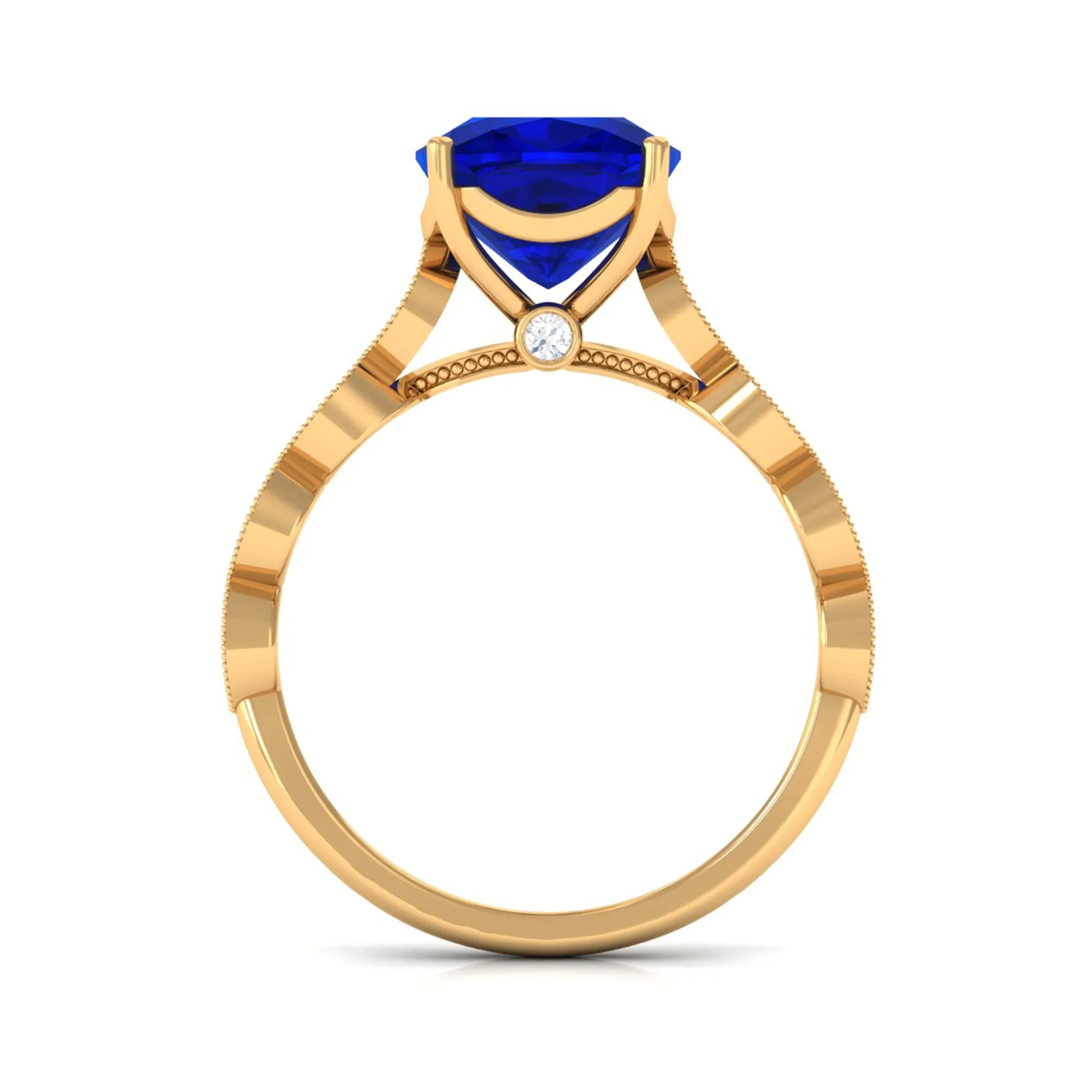 Cushion Cut Lab Grown Blue Sapphire Solitaire Engagement Ring with Diamond