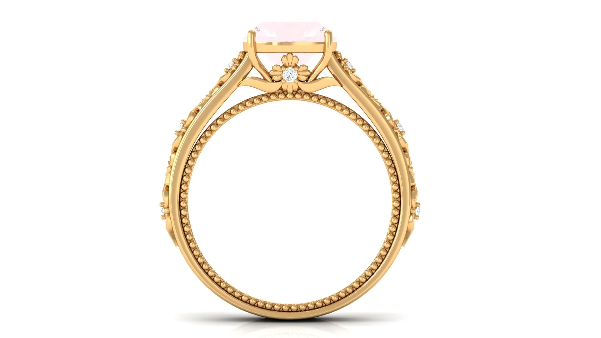 Cushion Cut Solitaire Rose Quartz Floral Engagement Ring with Diamond