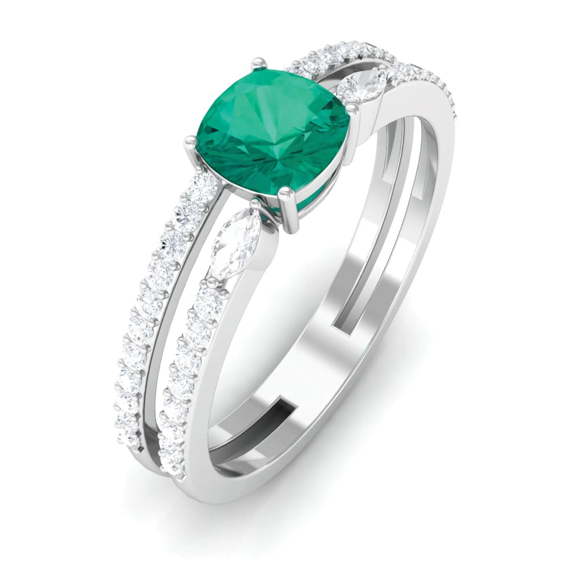 Cushion shape Emerald and Diamond Anniversary Double Band Ring
