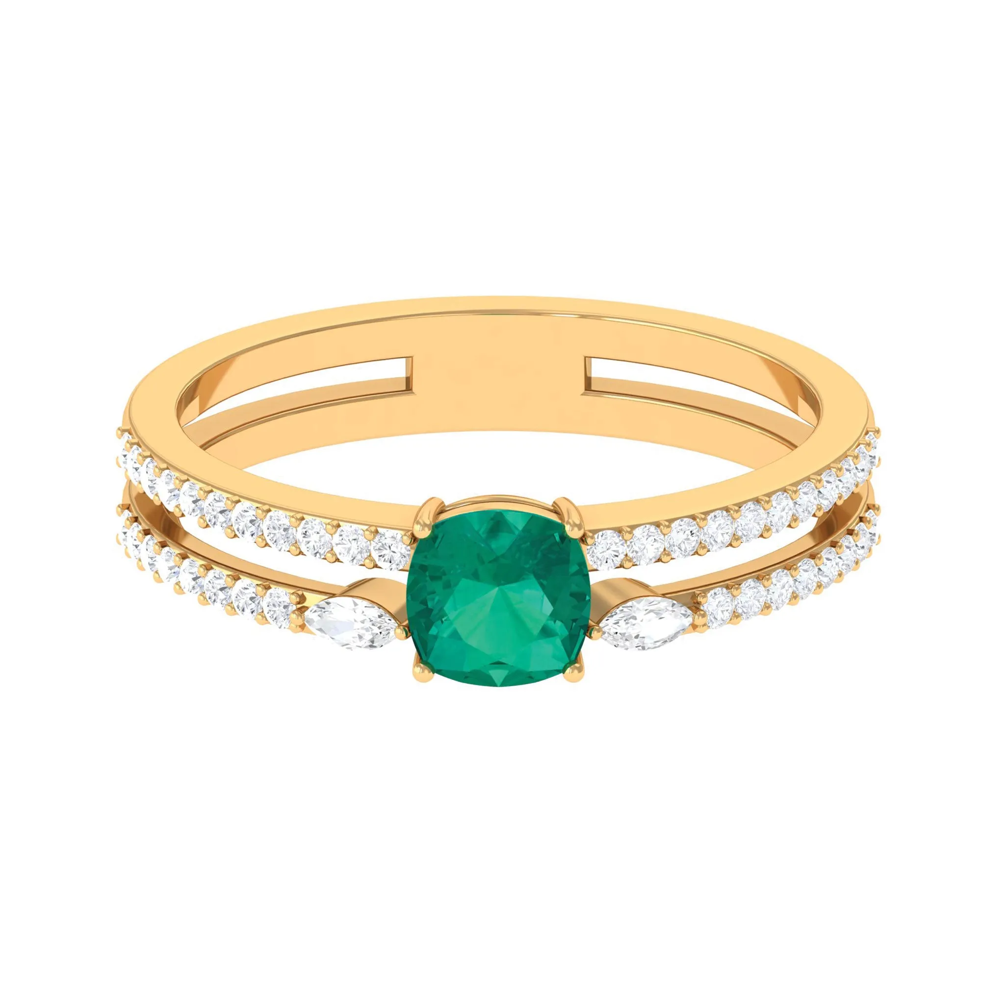 Cushion shape Emerald and Diamond Anniversary Double Band Ring