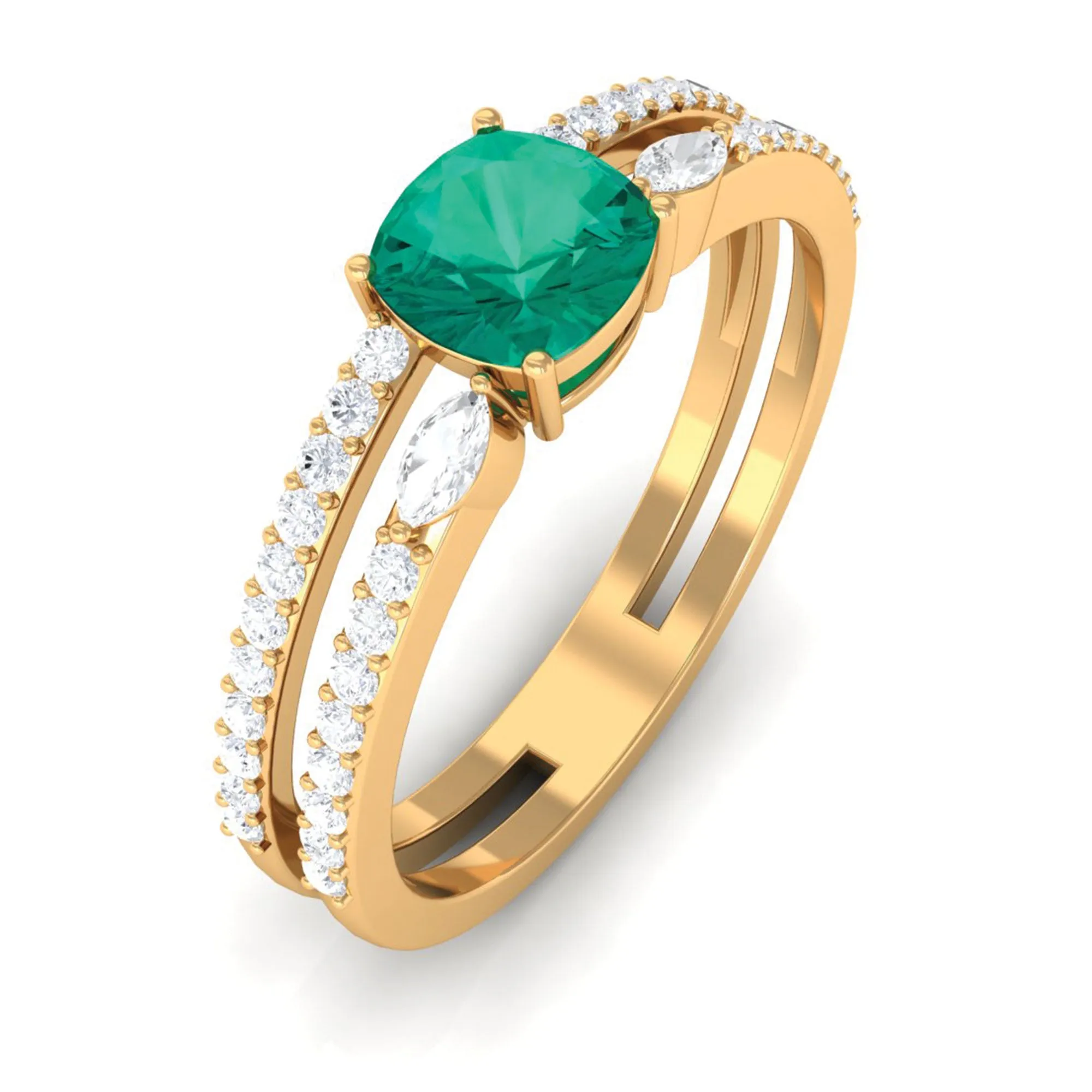 Cushion shape Emerald and Diamond Anniversary Double Band Ring