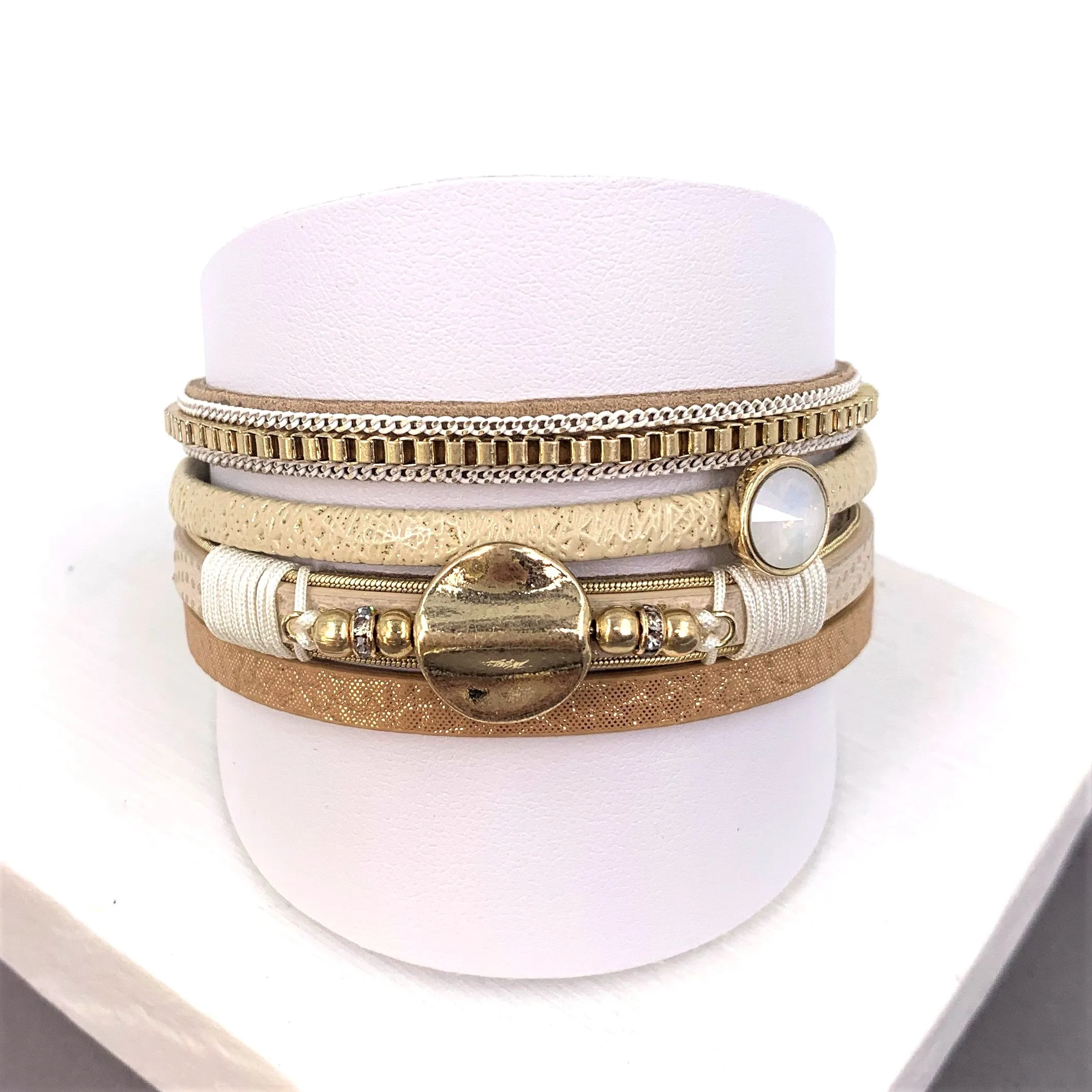 Disc feature and opal crystal stone element multistrand PU magnetic bracelet