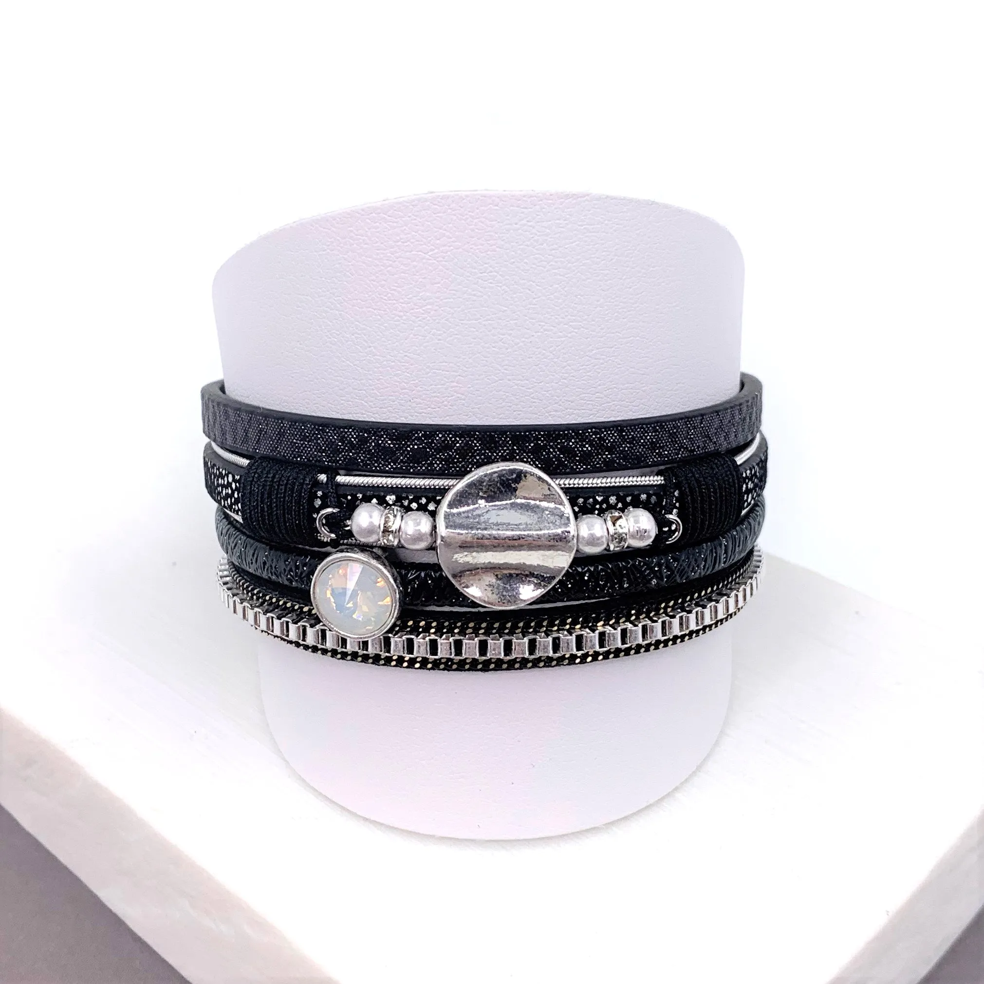Disc feature and opal crystal stone element multistrand PU magnetic bracelet