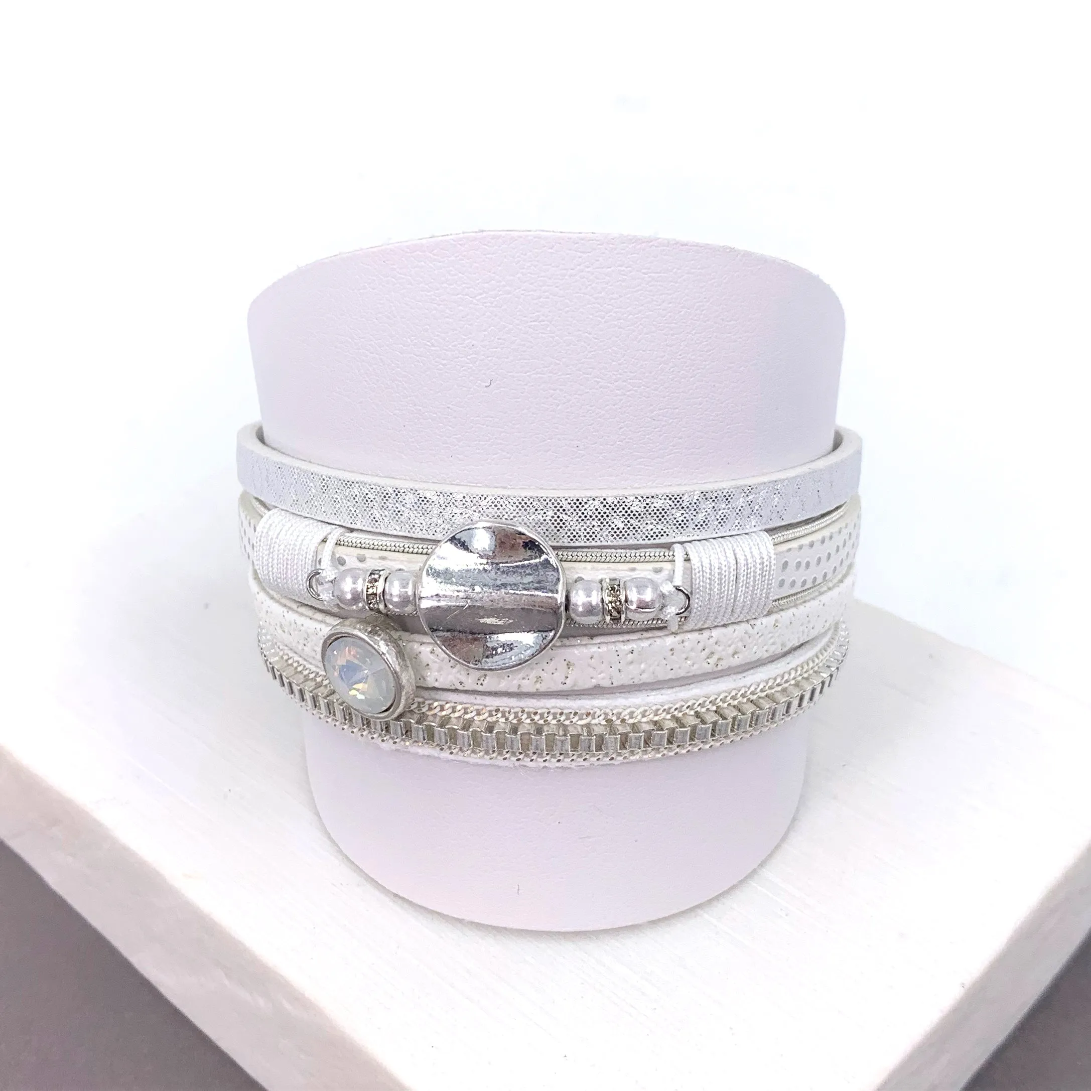 Disc feature and opal crystal stone element multistrand PU magnetic bracelet