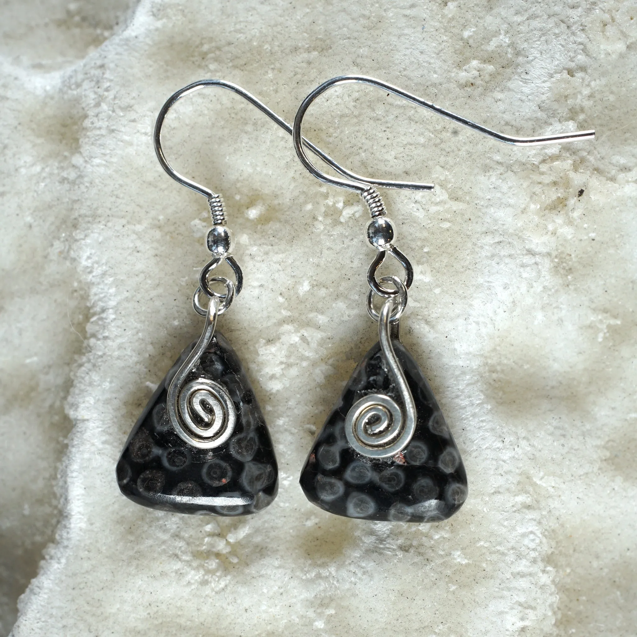 FC27E Fossilised Coral Small Drop Earrings with Sterling Silver Spiral