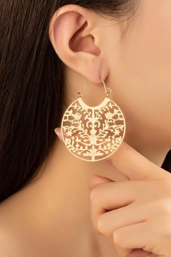 Filigree disk drop earrings with tree and flowers