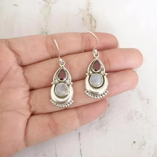 Garnet & Rainbow Moonstone Silver Earring