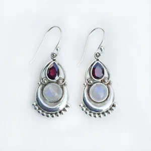 Garnet & Rainbow Moonstone Silver Earring
