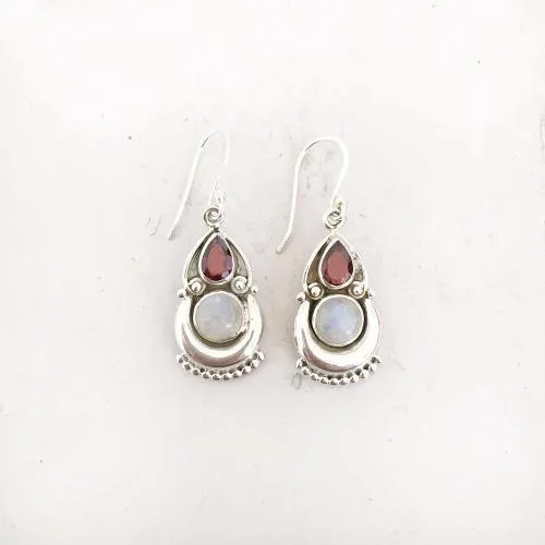 Garnet & Rainbow Moonstone Silver Earring