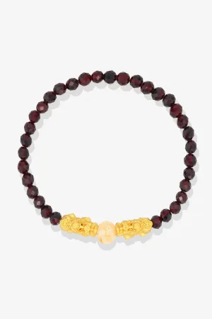Garnet Passion 18k Gold Vermeil Double Fortune Pixiu Feng Shui Bracelet