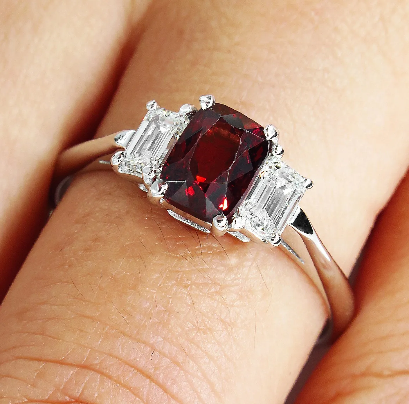 GIA 1.55ct Natural No-Heat Orangy Red SPINEL and Diamond 3 Stone Vintage Ring