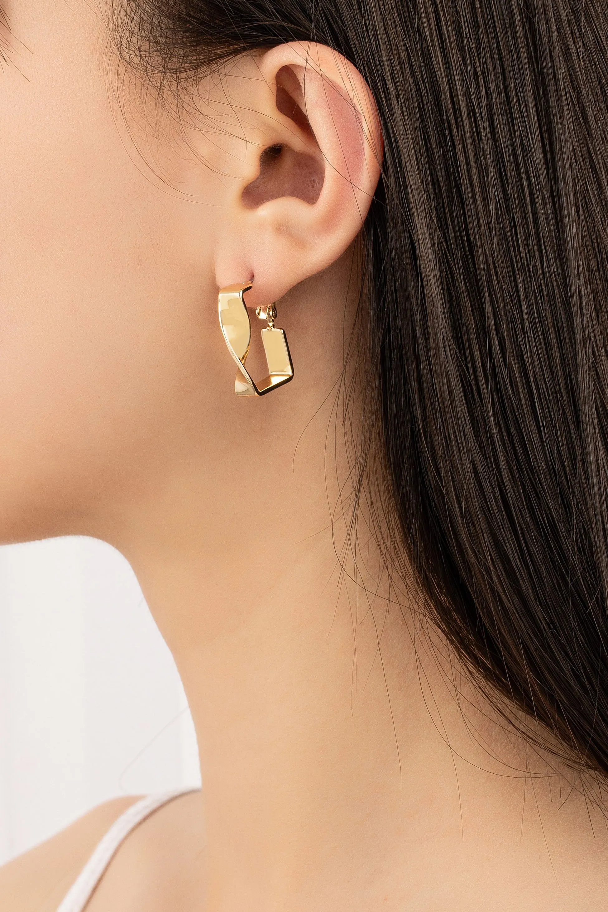 Gold Brass Twisted Rectangle Hoop Earrings