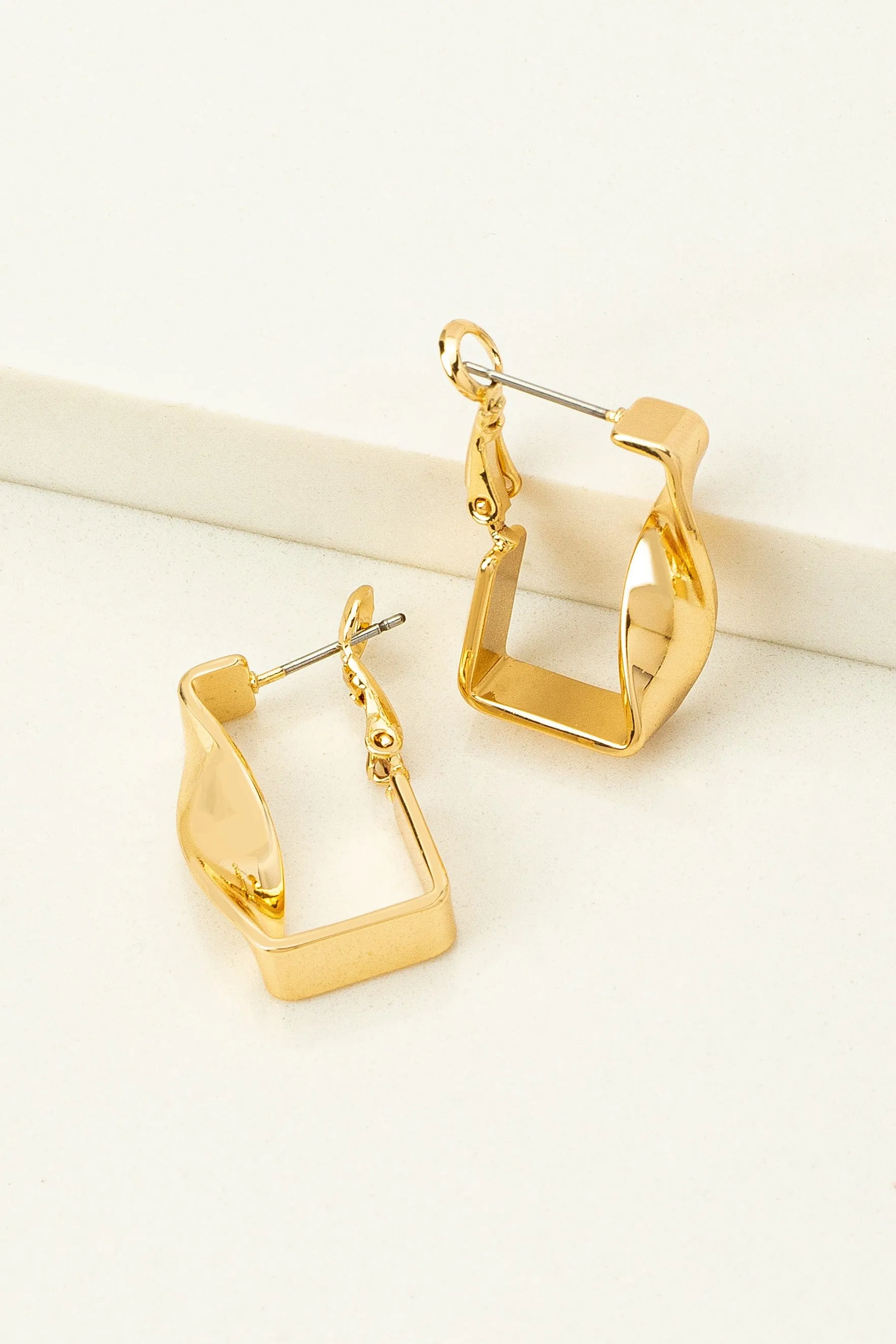 Gold Brass Twisted Rectangle Hoop Earrings