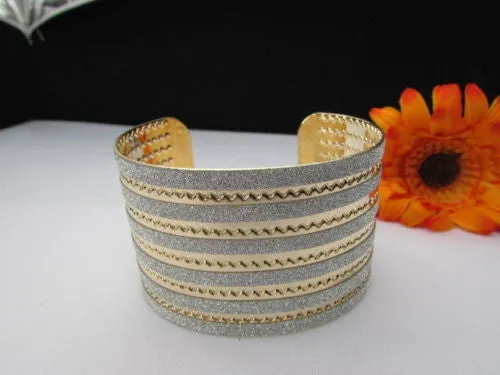 Gold Metal Cuff Bracelet Horizontal Silver Glitter Multi Stripes