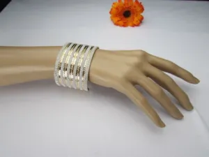 Gold Metal Cuff Bracelet Horizontal Silver Glitter Multi Stripes
