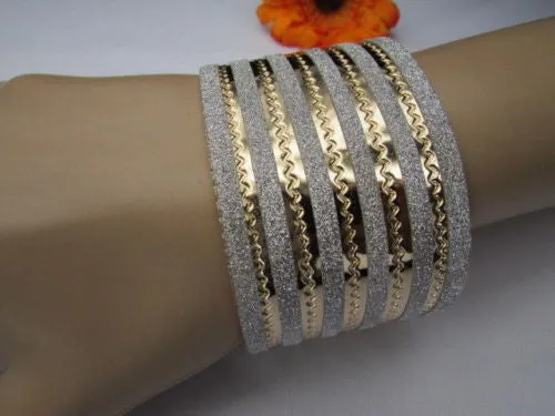 Gold Metal Cuff Bracelet Horizontal Silver Glitter Multi Stripes