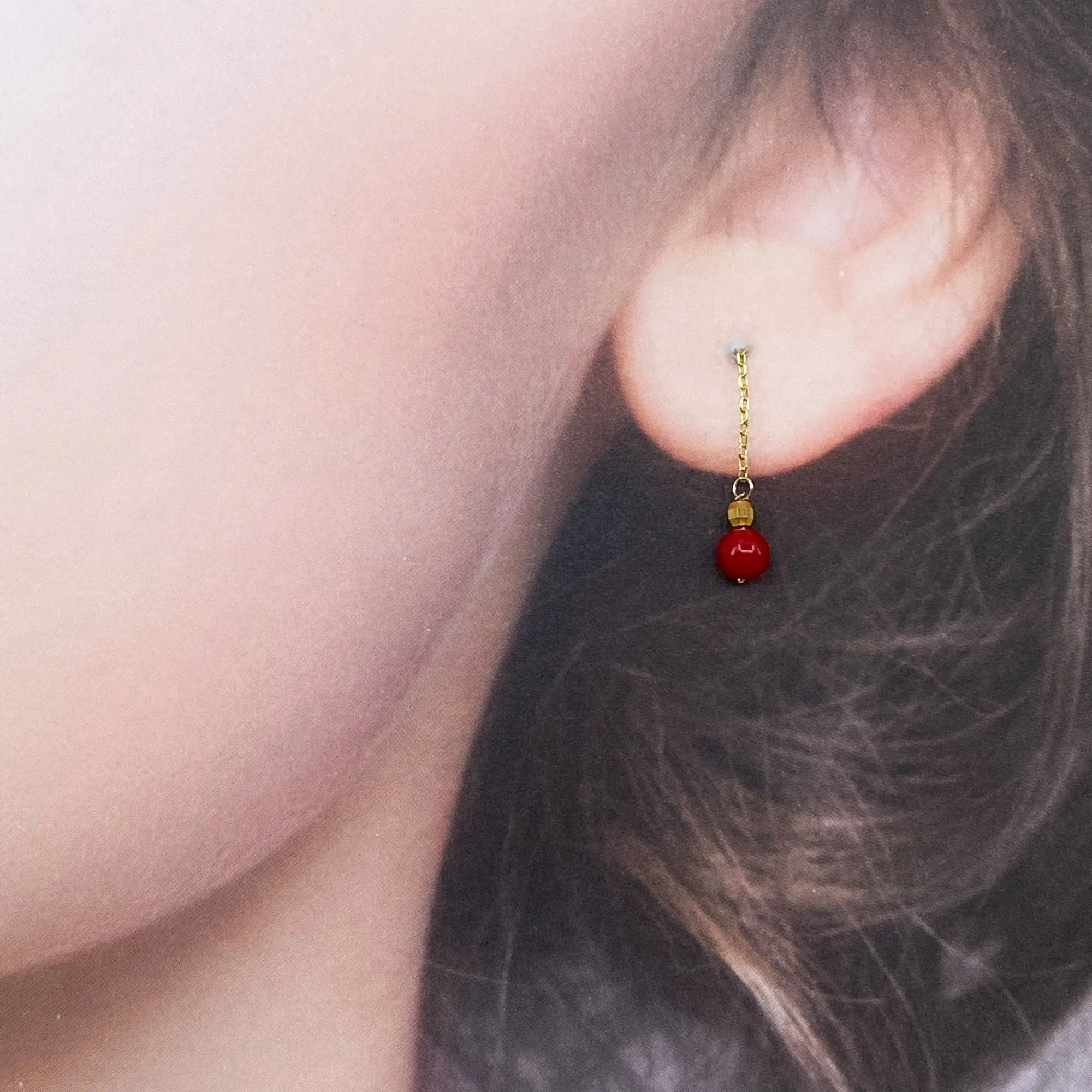 Gold Red Coral Thread Earrings