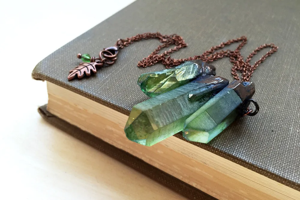 Green Forest Aura Crystal Trio Necklace | Electroformed Crystal Necklace | Green Quartz Pendant
