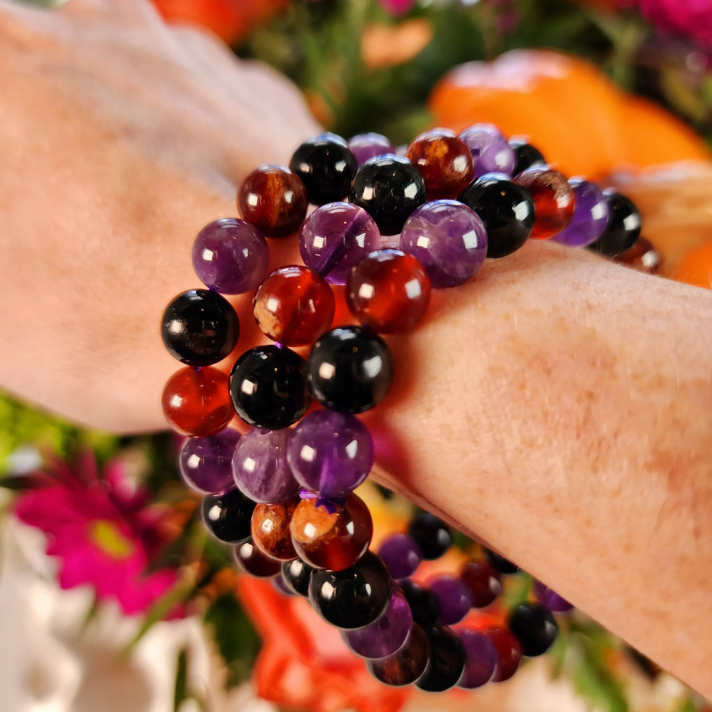 Halloween Hessonite Garnet, Amethyst & Hypersthene Bracelet