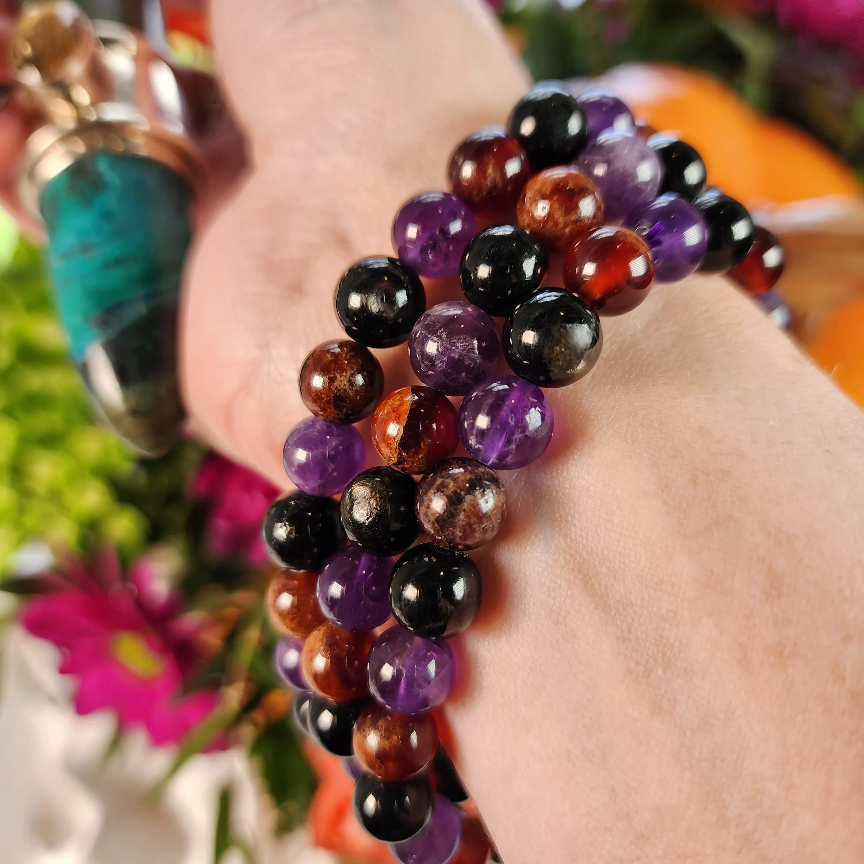 Halloween Hessonite Garnet, Amethyst & Hypersthene Bracelet