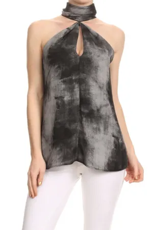 High NeckTie Dye Keyhole Top, Charcoal