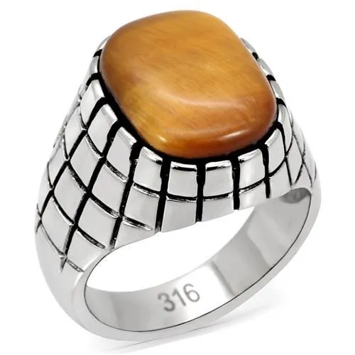 High polished (no plating) Stainless Steel Ring with Synthetic Tiger Eye in Topaz for Women Style TK129