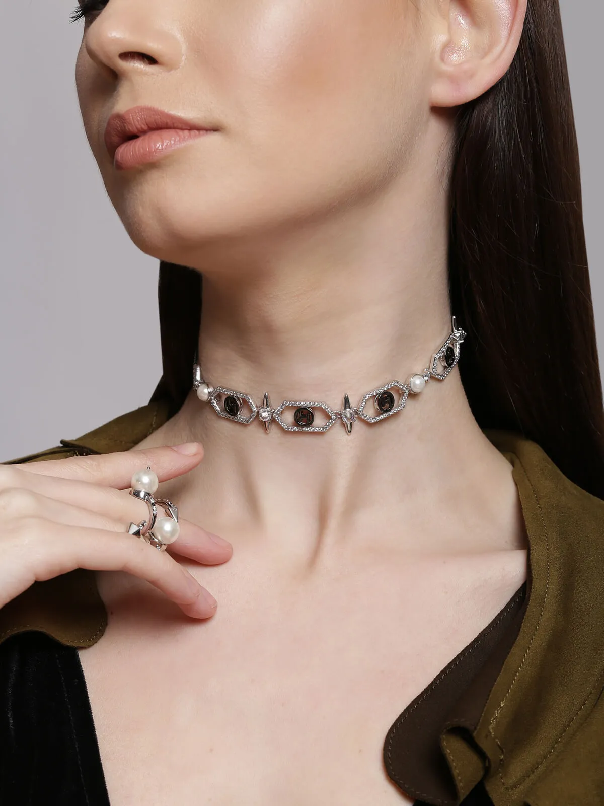 Joey King In OH Celeste Sirius Embellished Choker Necklace