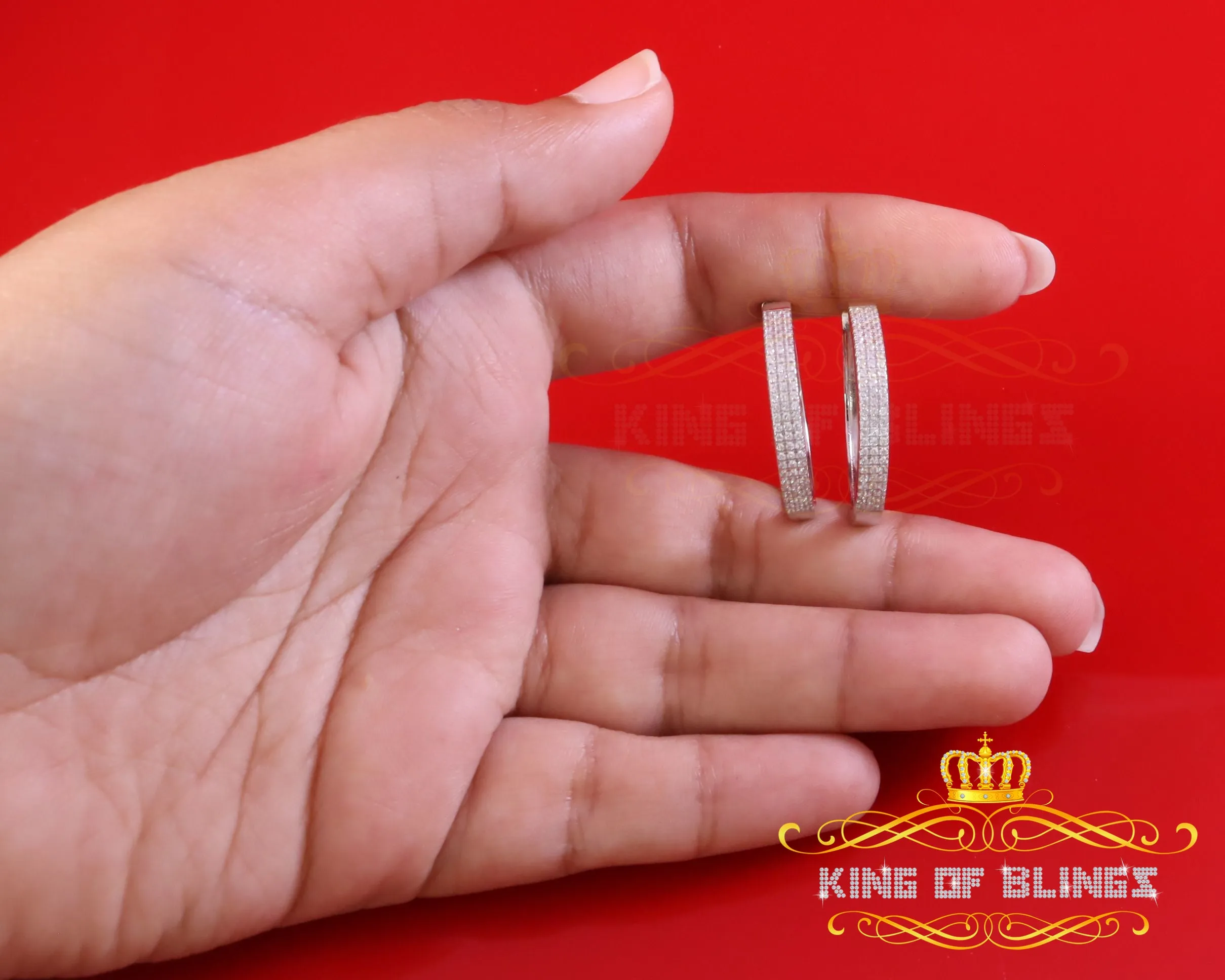 King of Bling's Hip Hop White 925 Silver Cubic Zirconia 3 Row Women's & Men's Hoop Earrings