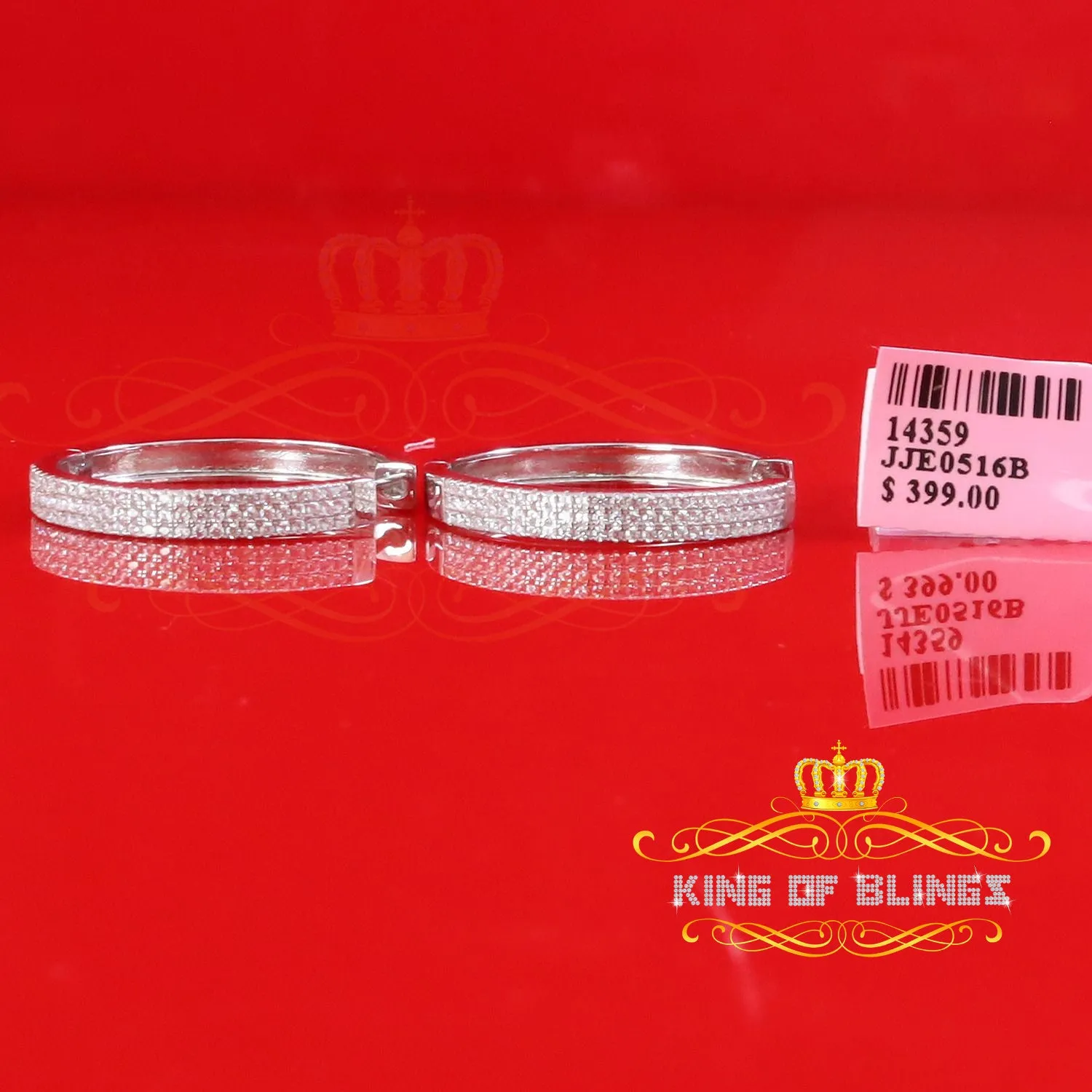 King of Bling's Hip Hop White 925 Silver Cubic Zirconia 3 Row Women's & Men's Hoop Earrings