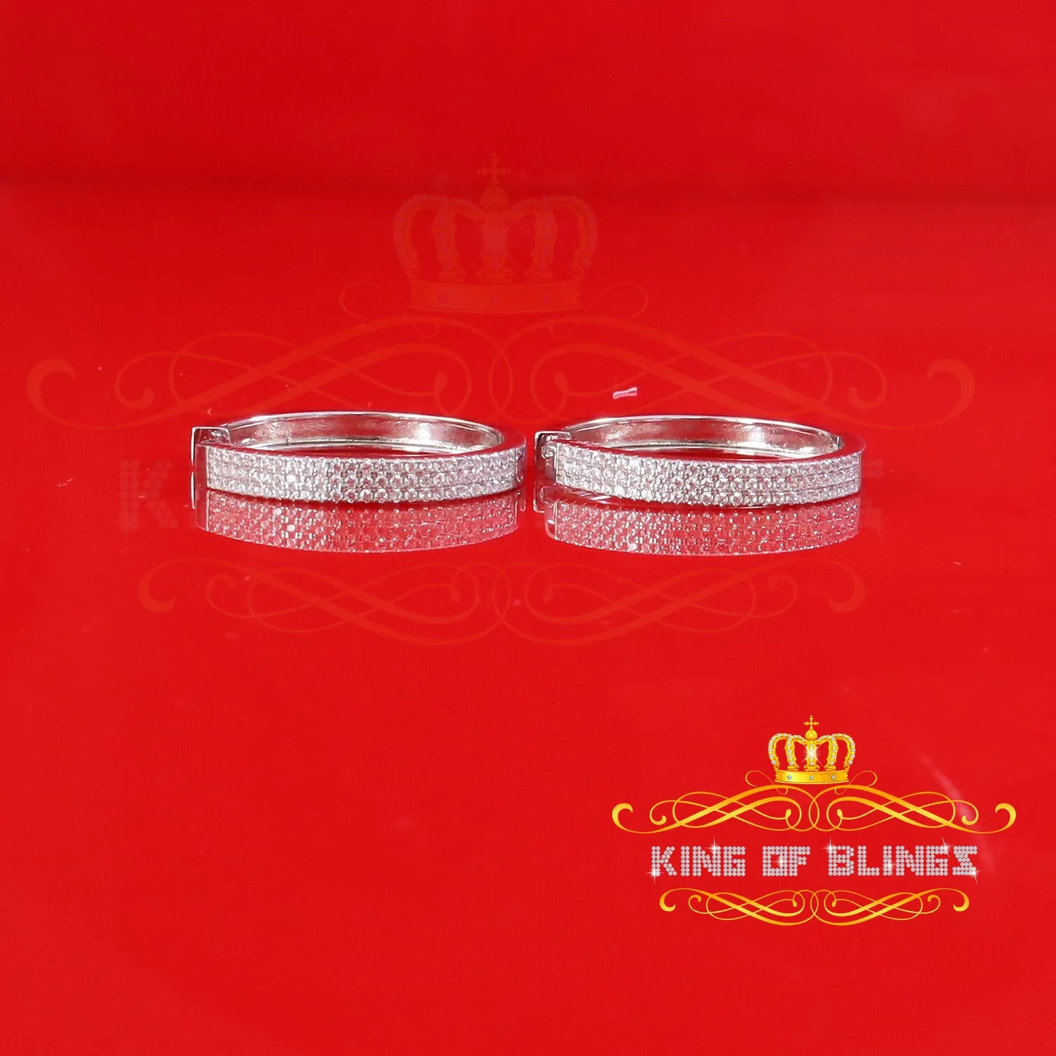 King of Bling's Hip Hop White 925 Silver Cubic Zirconia 3 Row Women's & Men's Hoop Earrings