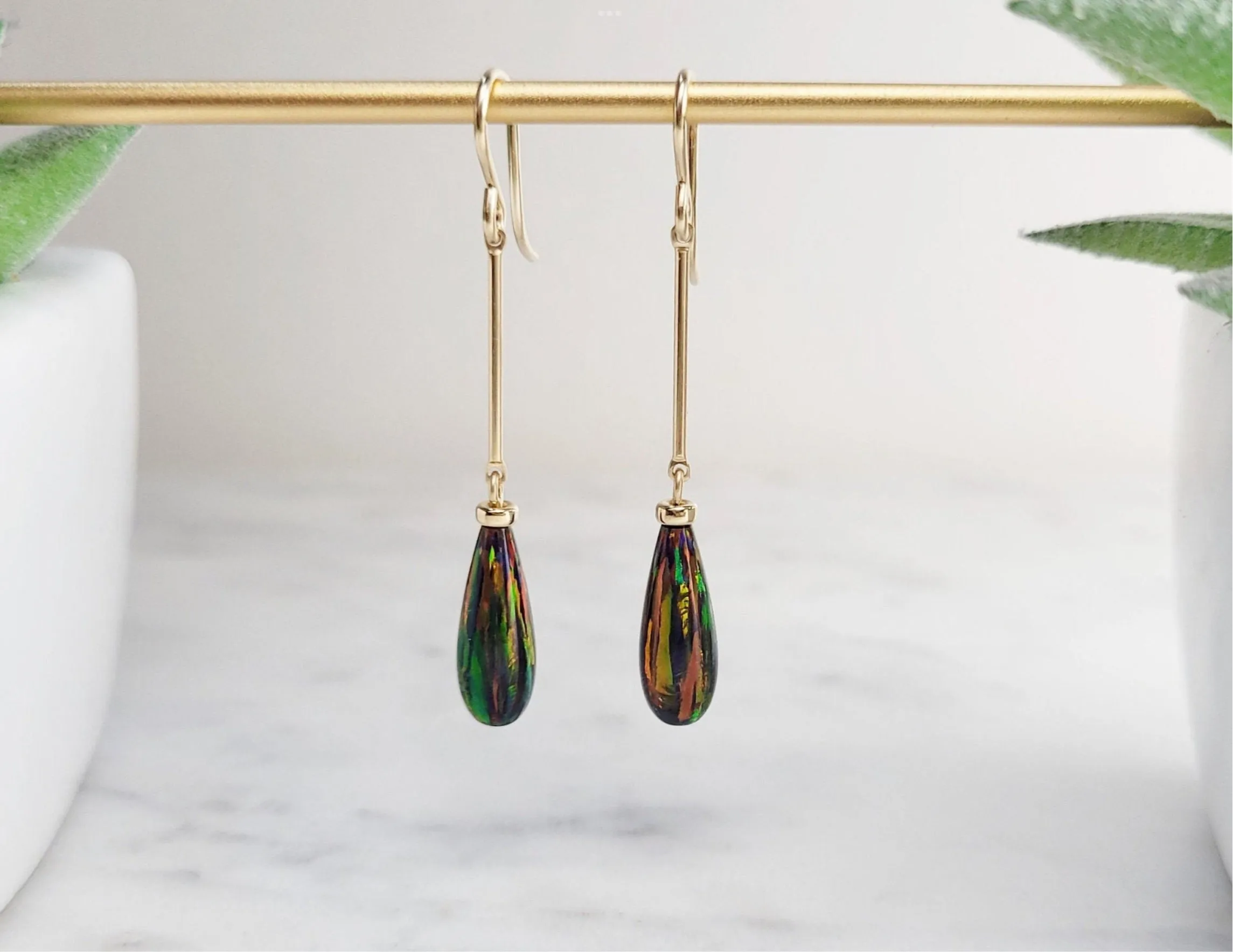 Long Black Opal Dangle Earrings
