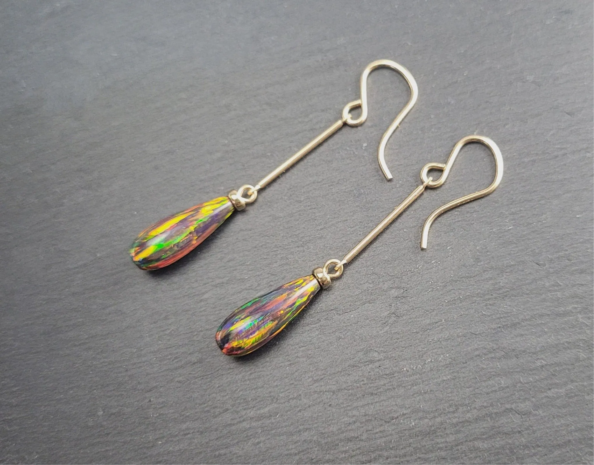 Long Black Opal Dangle Earrings