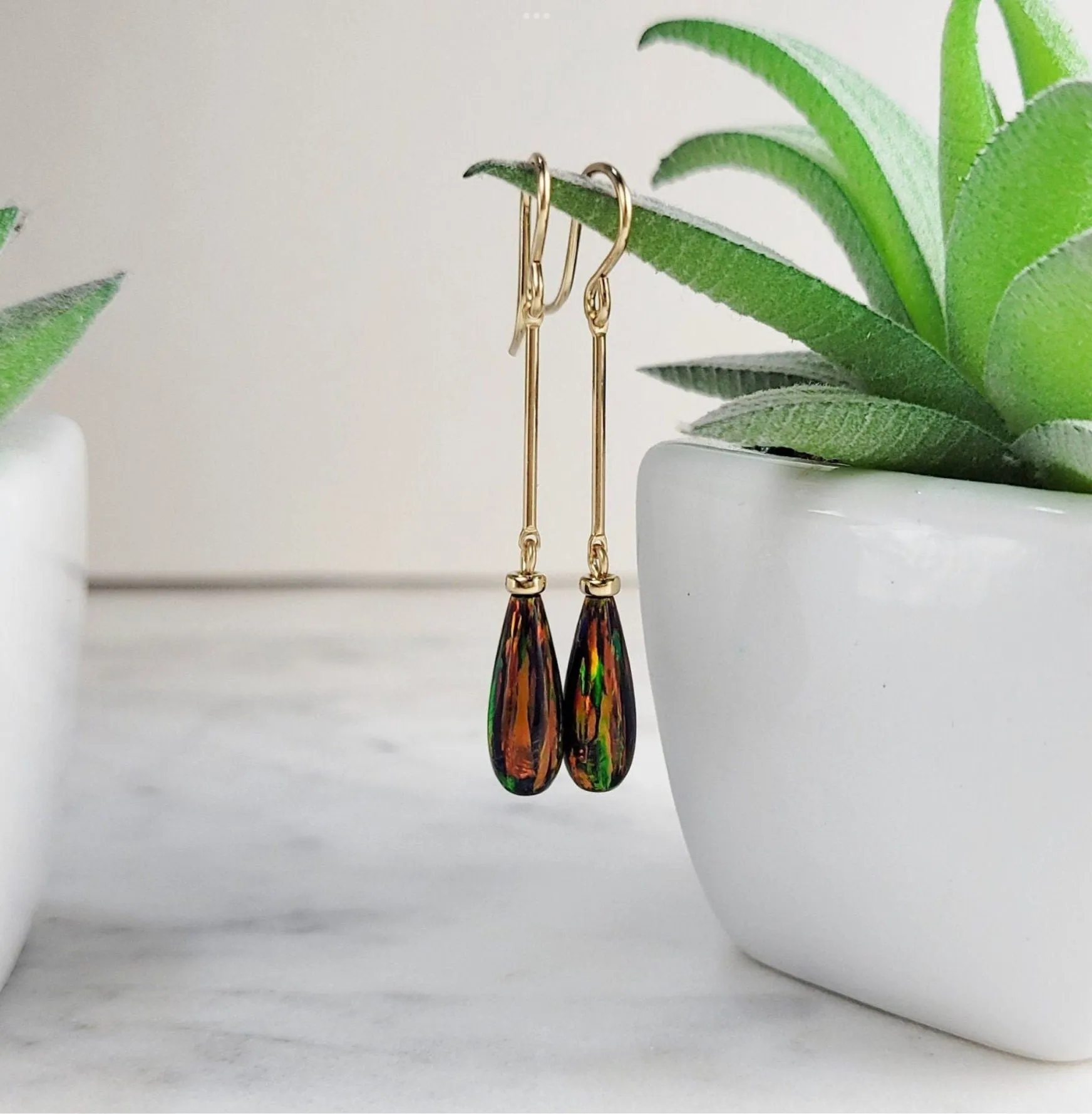 Long Black Opal Dangle Earrings