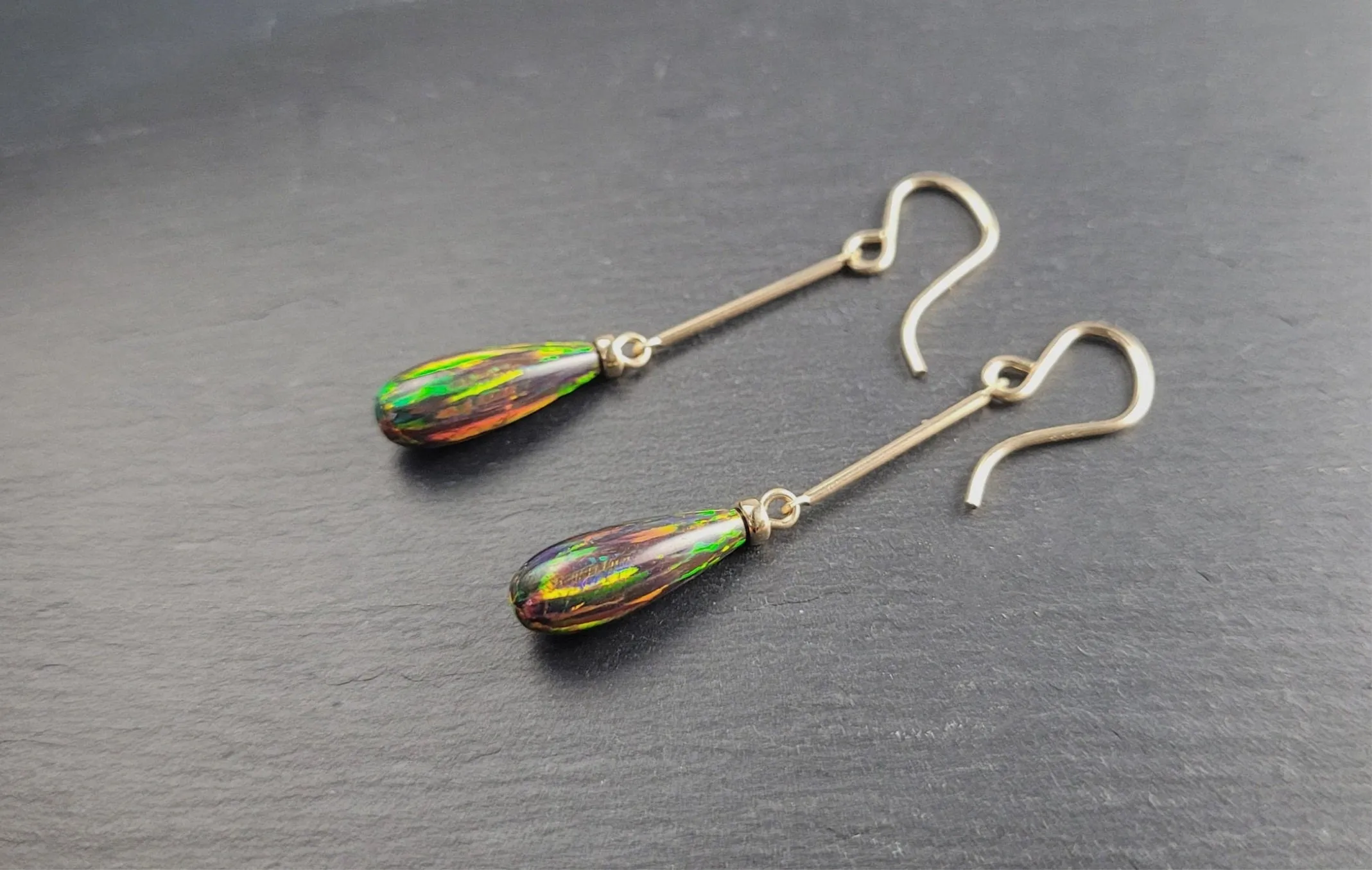 Long Black Opal Dangle Earrings