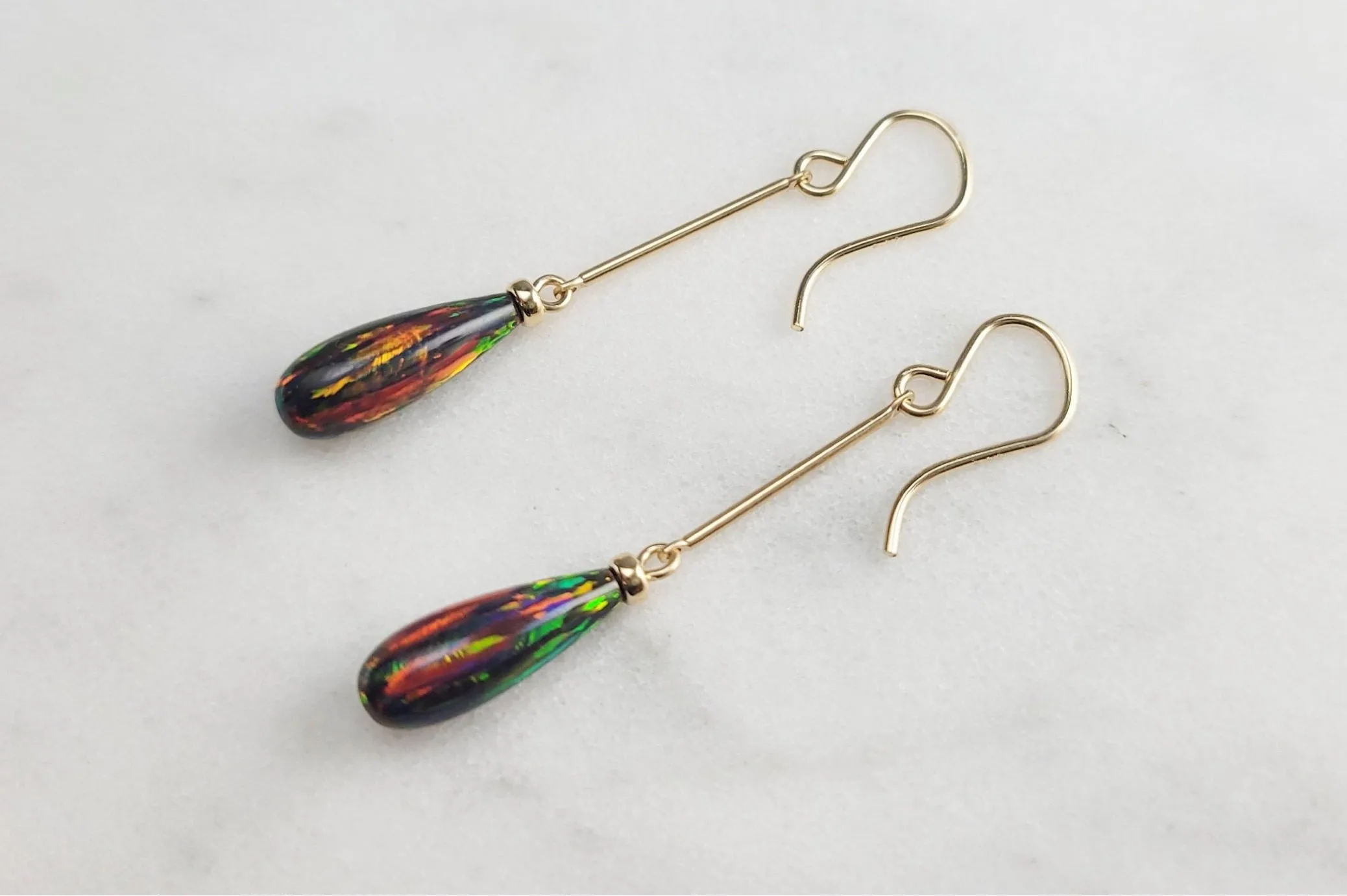 Long Black Opal Dangle Earrings