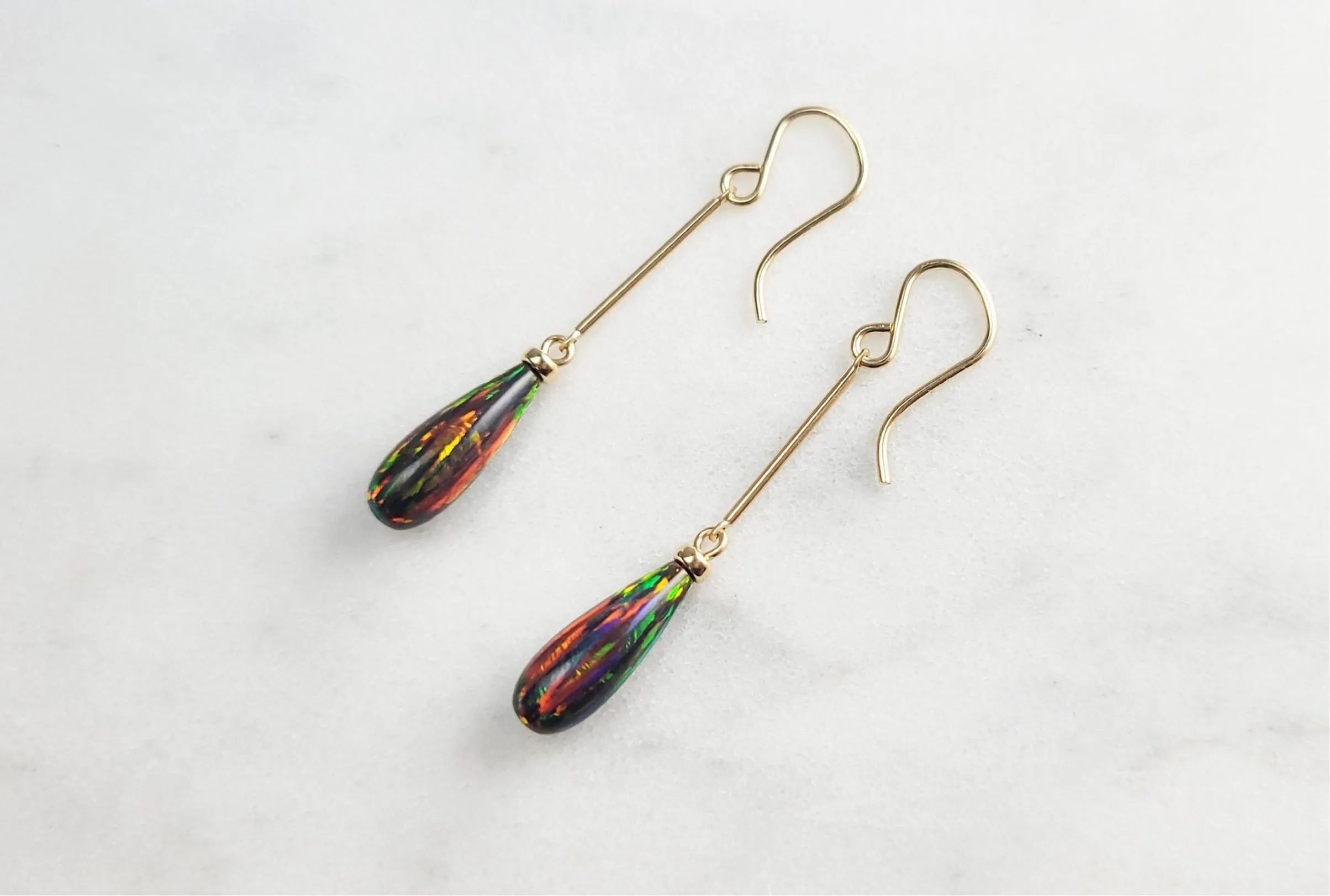 Long Black Opal Dangle Earrings