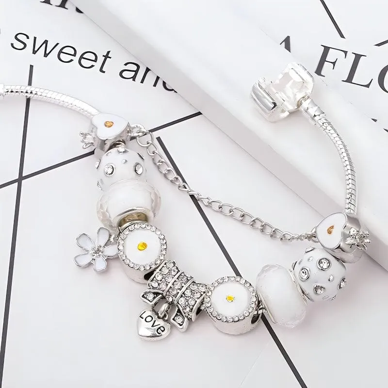 Love Heart White Flower Charm Bracelet