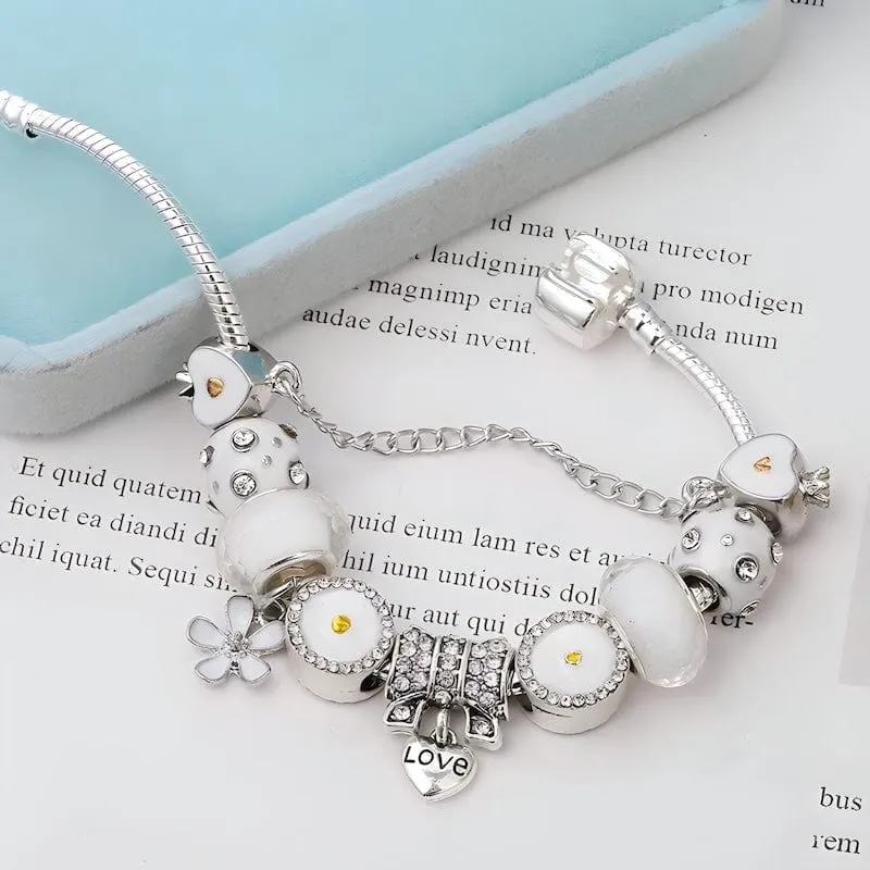 Love Heart White Flower Charm Bracelet