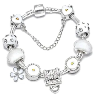 Love Heart White Flower Charm Bracelet