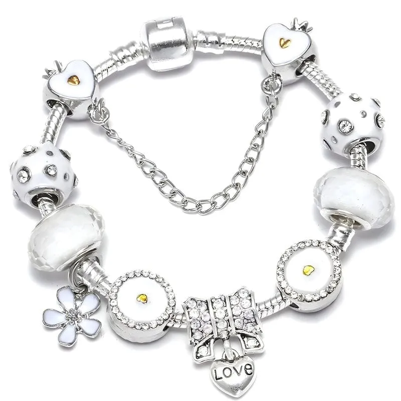 Love Heart White Flower Charm Bracelet