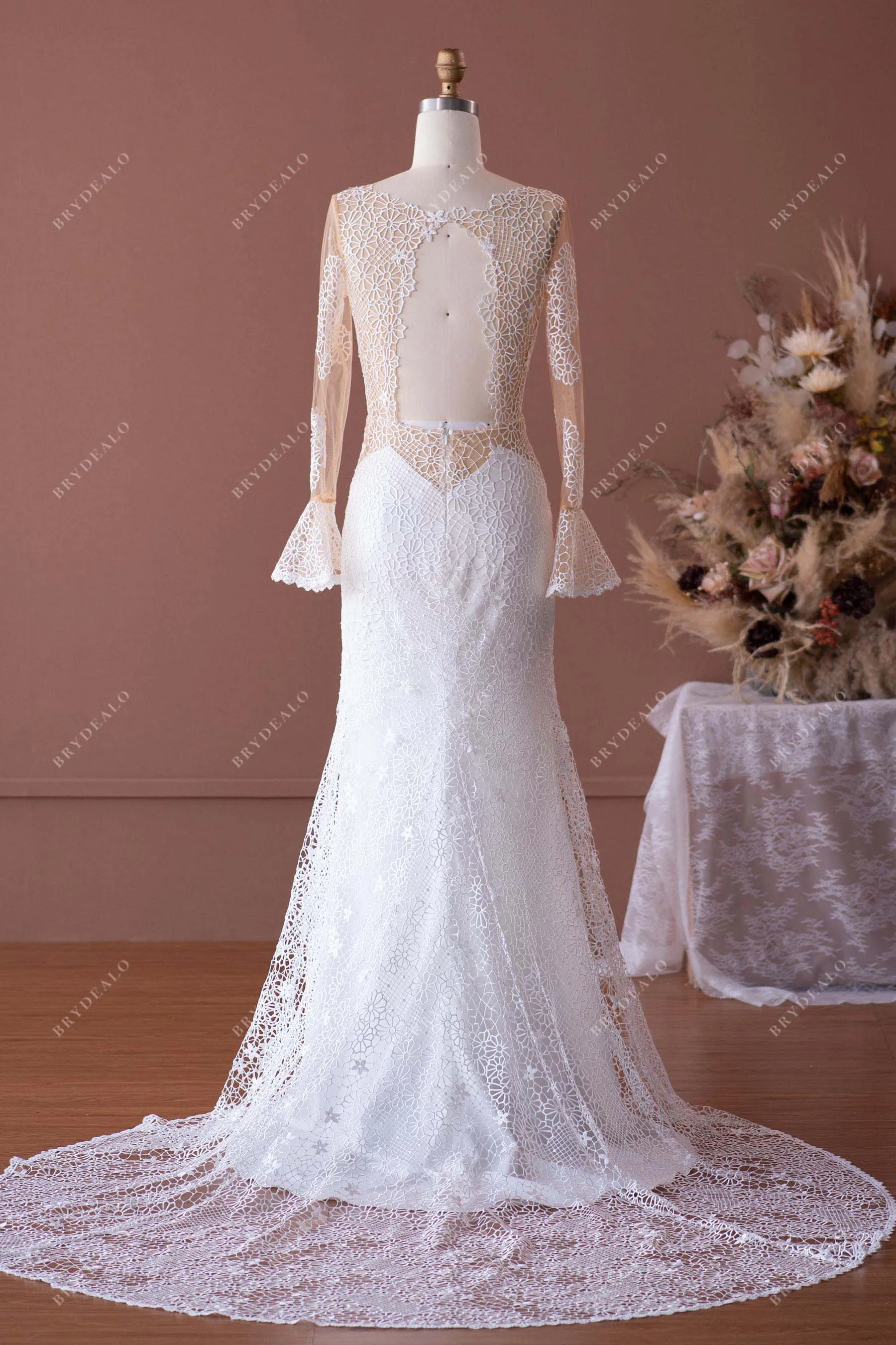 Luxurious Boho Mermaid Wedding Dress with Bell Sleeves