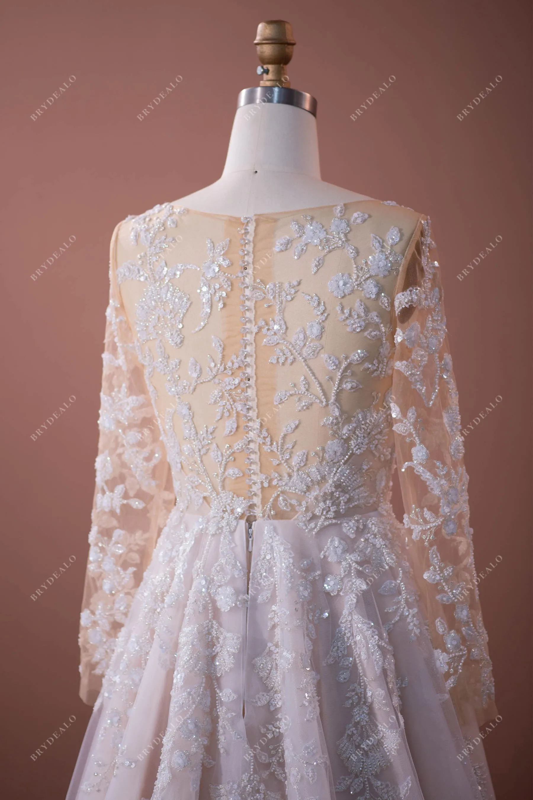 Luxurious Illusion Sleeved Lace A-line Bridal Dress