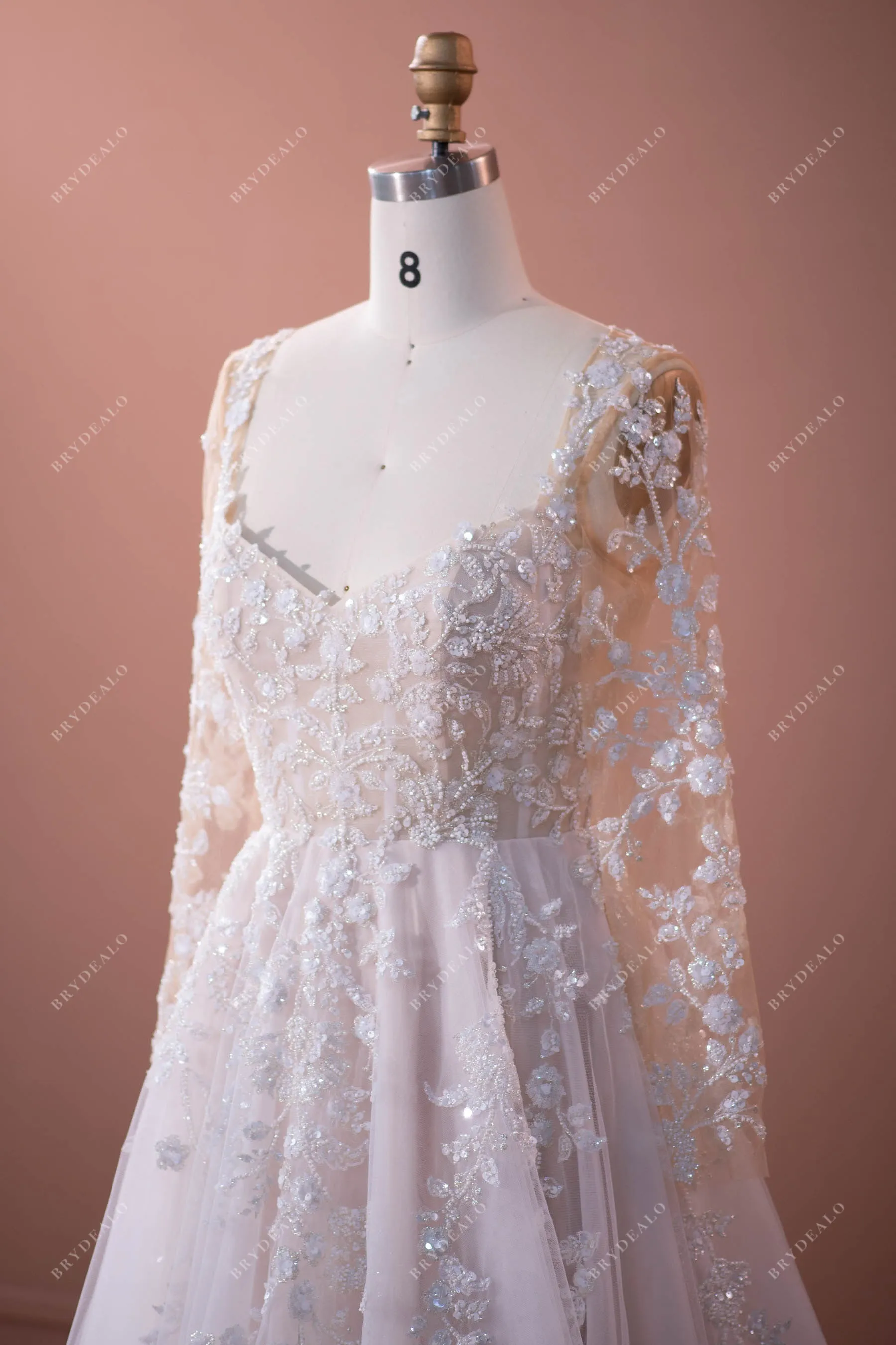 Luxurious Illusion Sleeved Lace A-line Bridal Dress