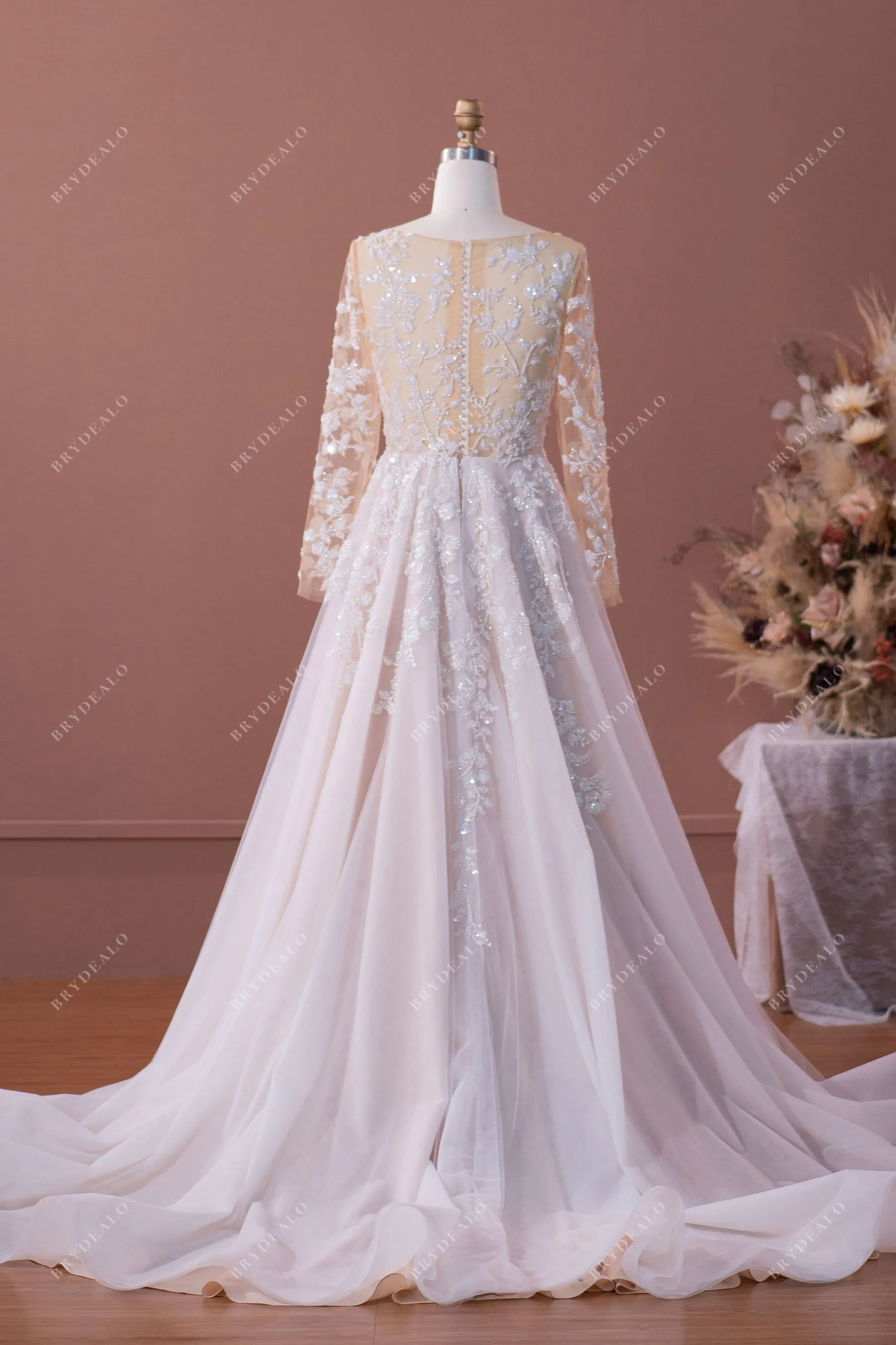 Luxurious Illusion Sleeved Lace A-line Bridal Dress