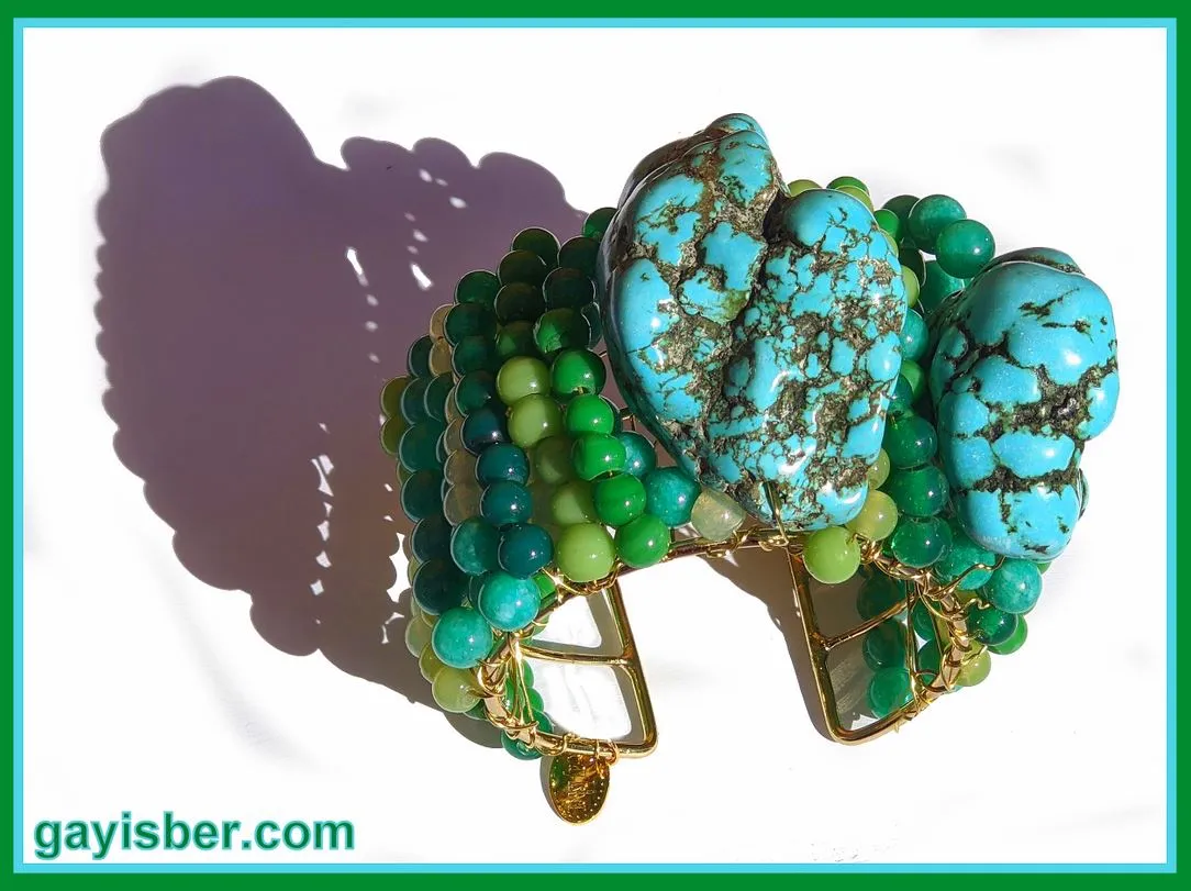 Massive Green Turqouise Chunks Cuff Bracelet Gold Gay Isber Unisex