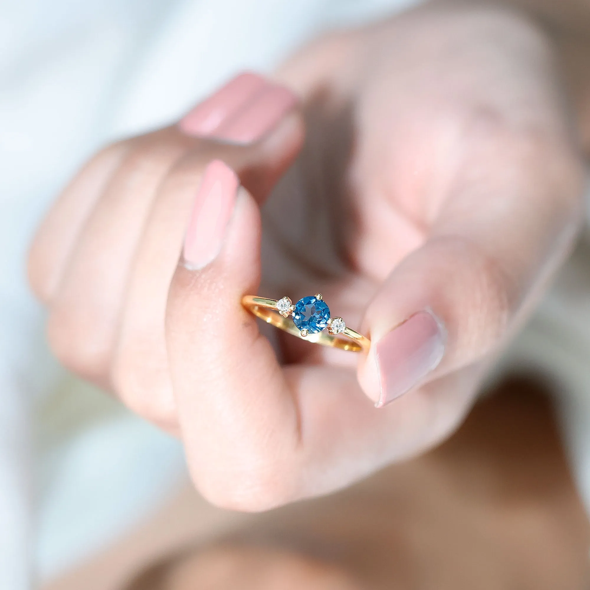 Minimal Round London Blue Topaz and Diamond Promise Ring