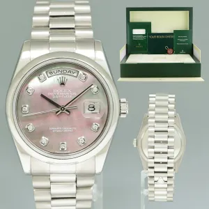 MINT Rolex Platinum 36mm President 118206 Mother of Pearl Diamond Dial Watch Box